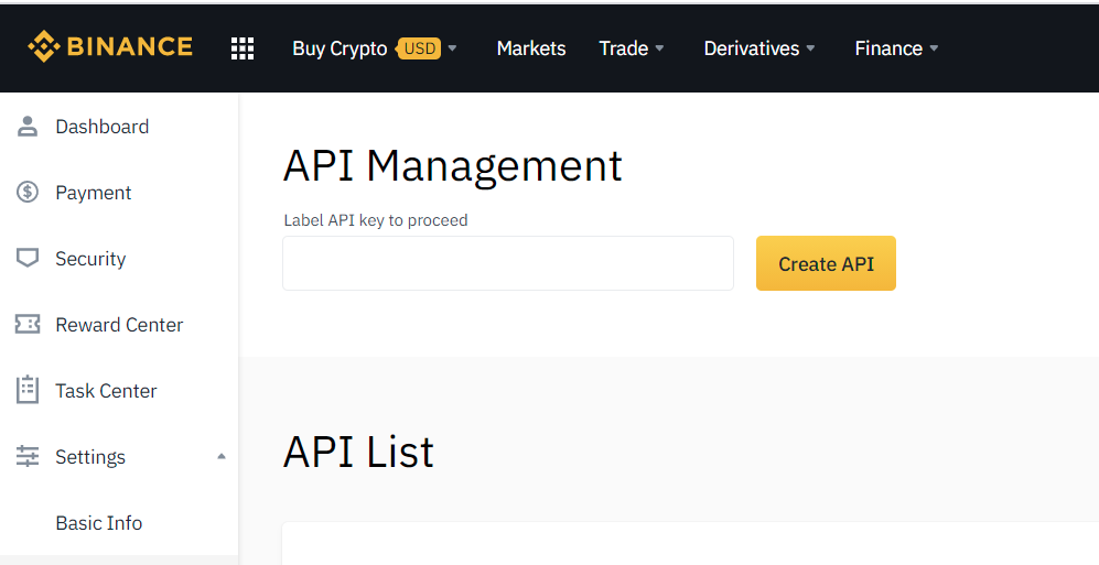 binance api management page