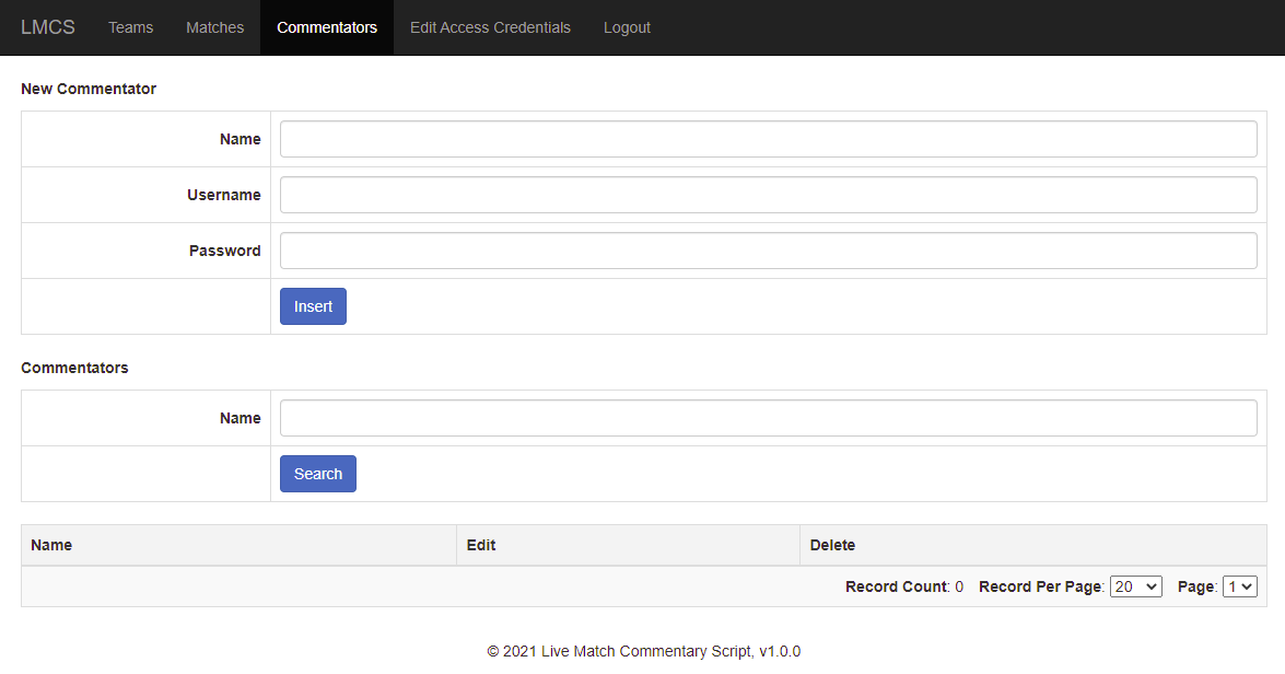 admin panel commentators page