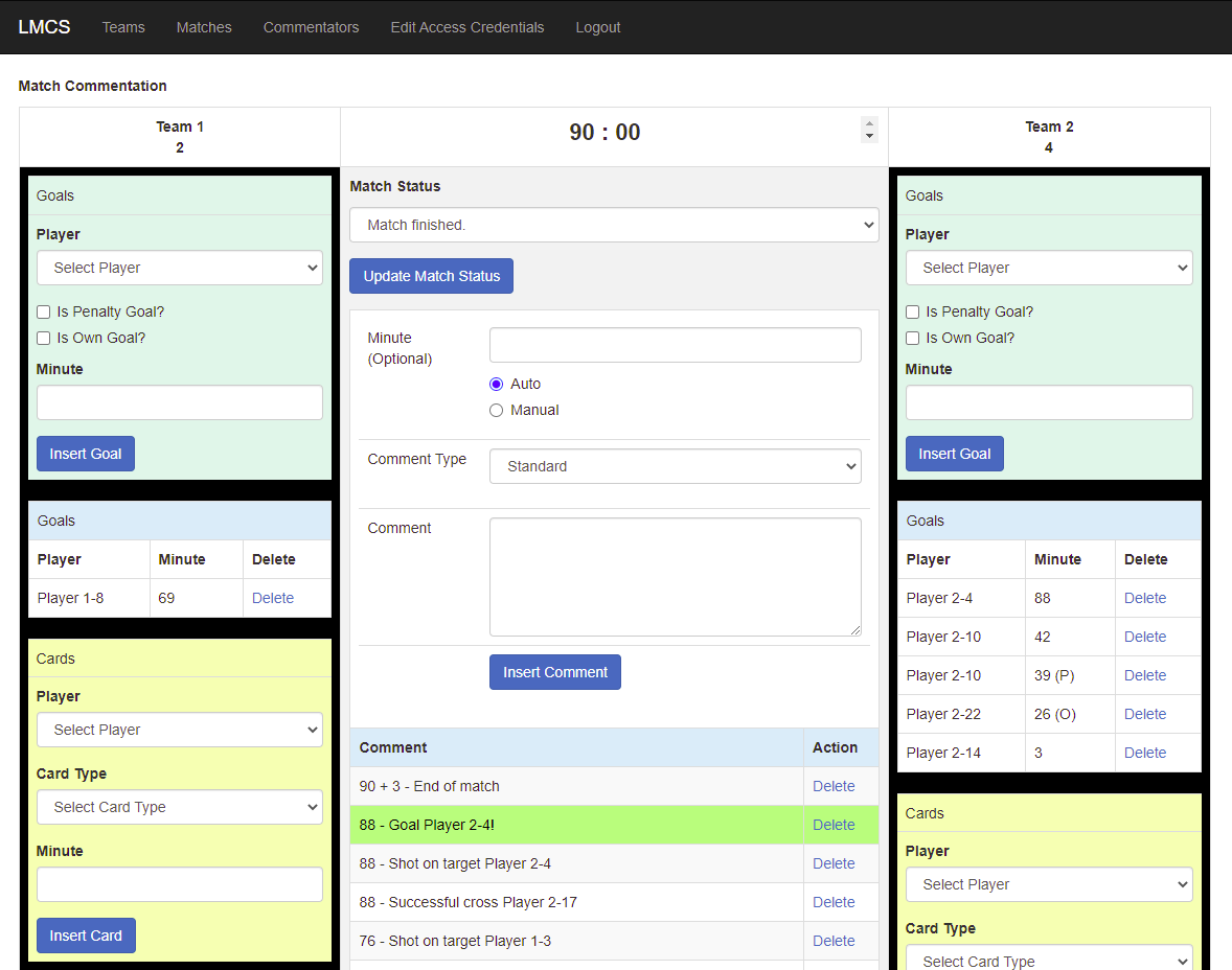 admin panel match commentation page