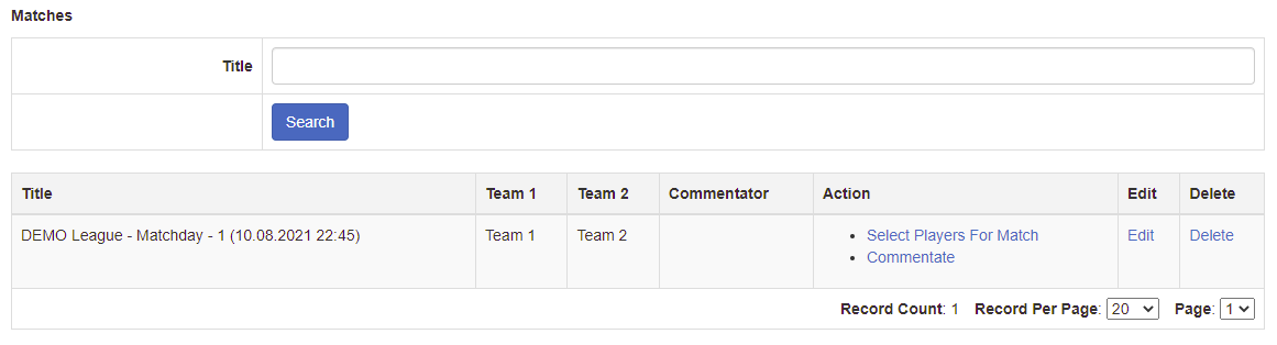 admin panel match list