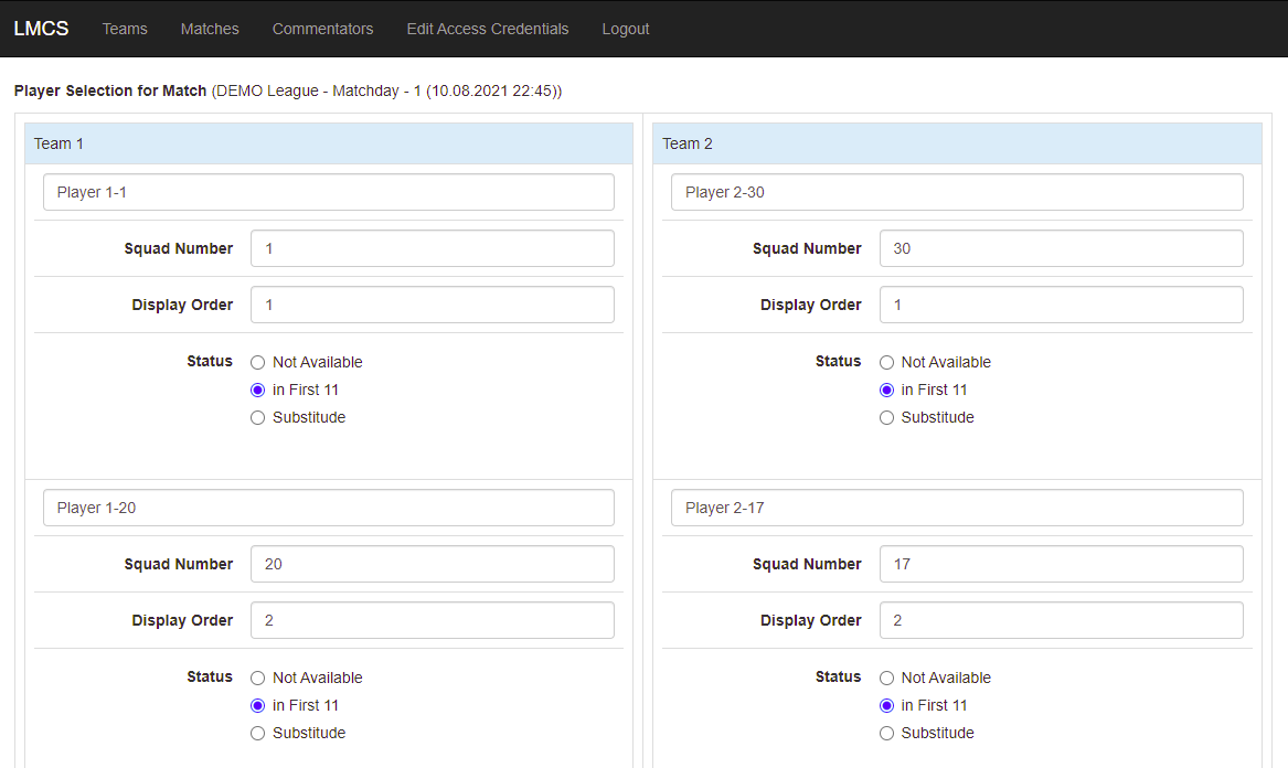 admin panel match player selection page
