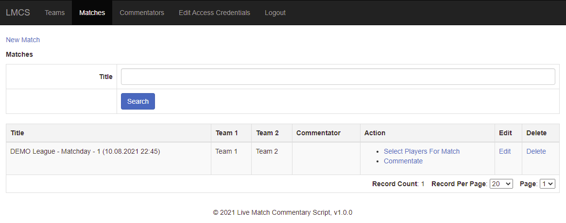 admin panel matches page