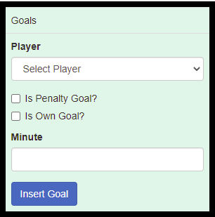 admin panel match commentary page insert goal record