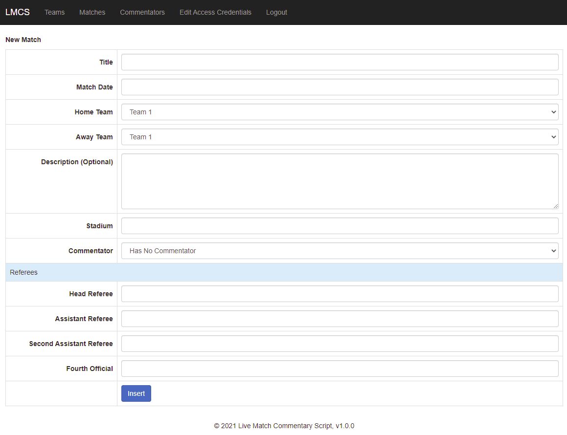 admin panel new match form