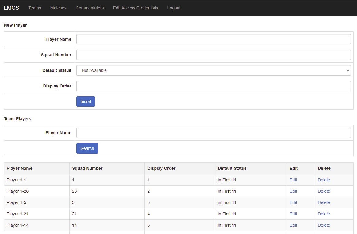 admin panel team players Page