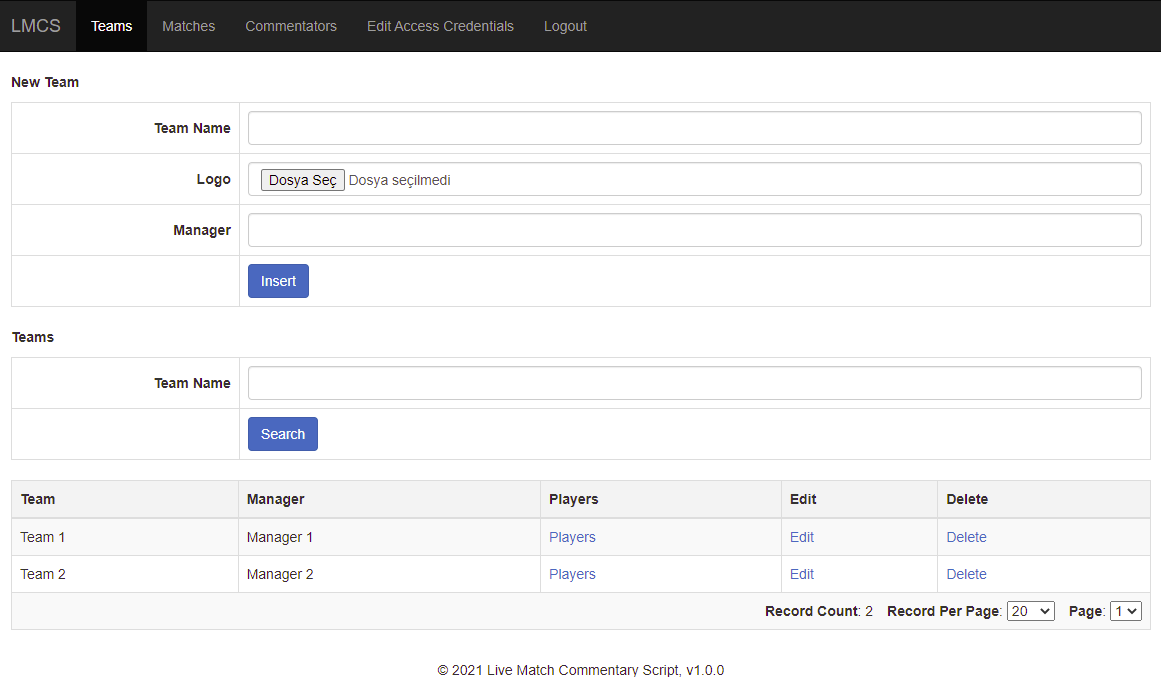 admin panel teams page